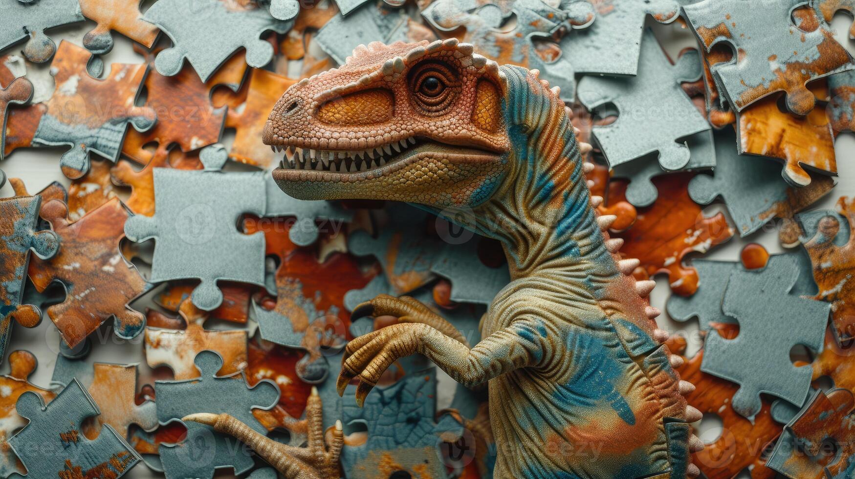 AI generated Cute dinosaur engrossed in a jigsaw puzzle, adding a whimsical touch, Ai Generated. photo