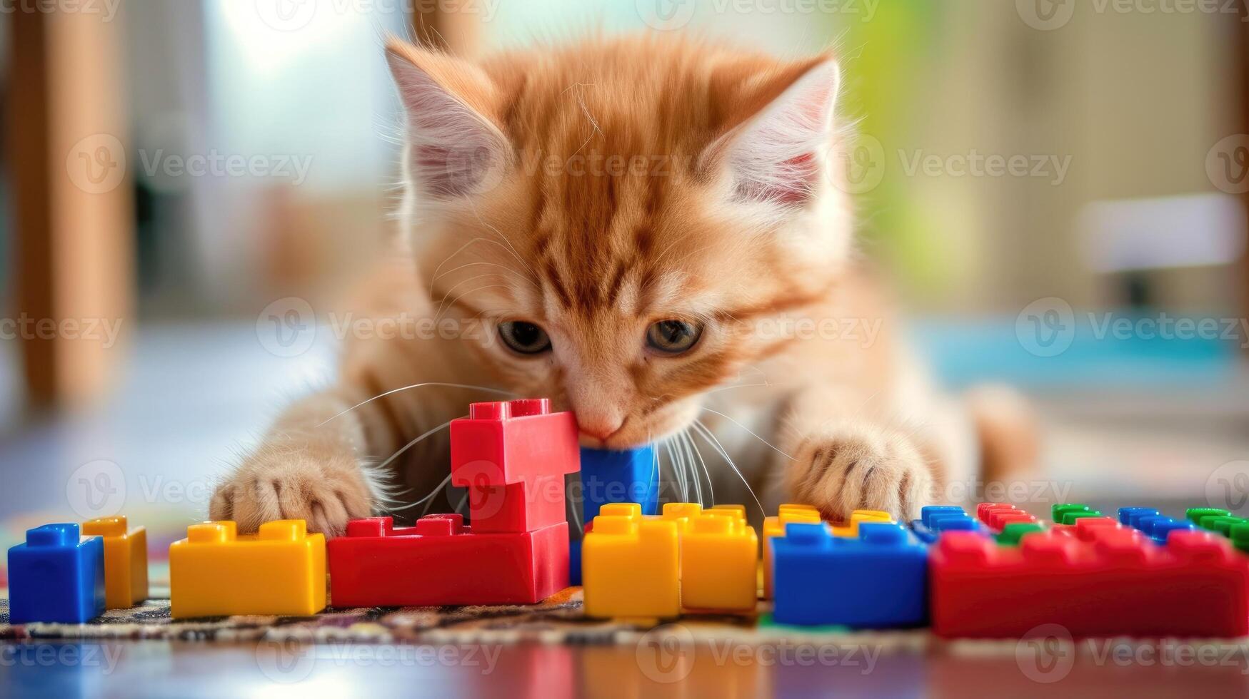 AI generated A cute orange cat dives into a Tetris challenge with playful delight. Ai Generated. photo