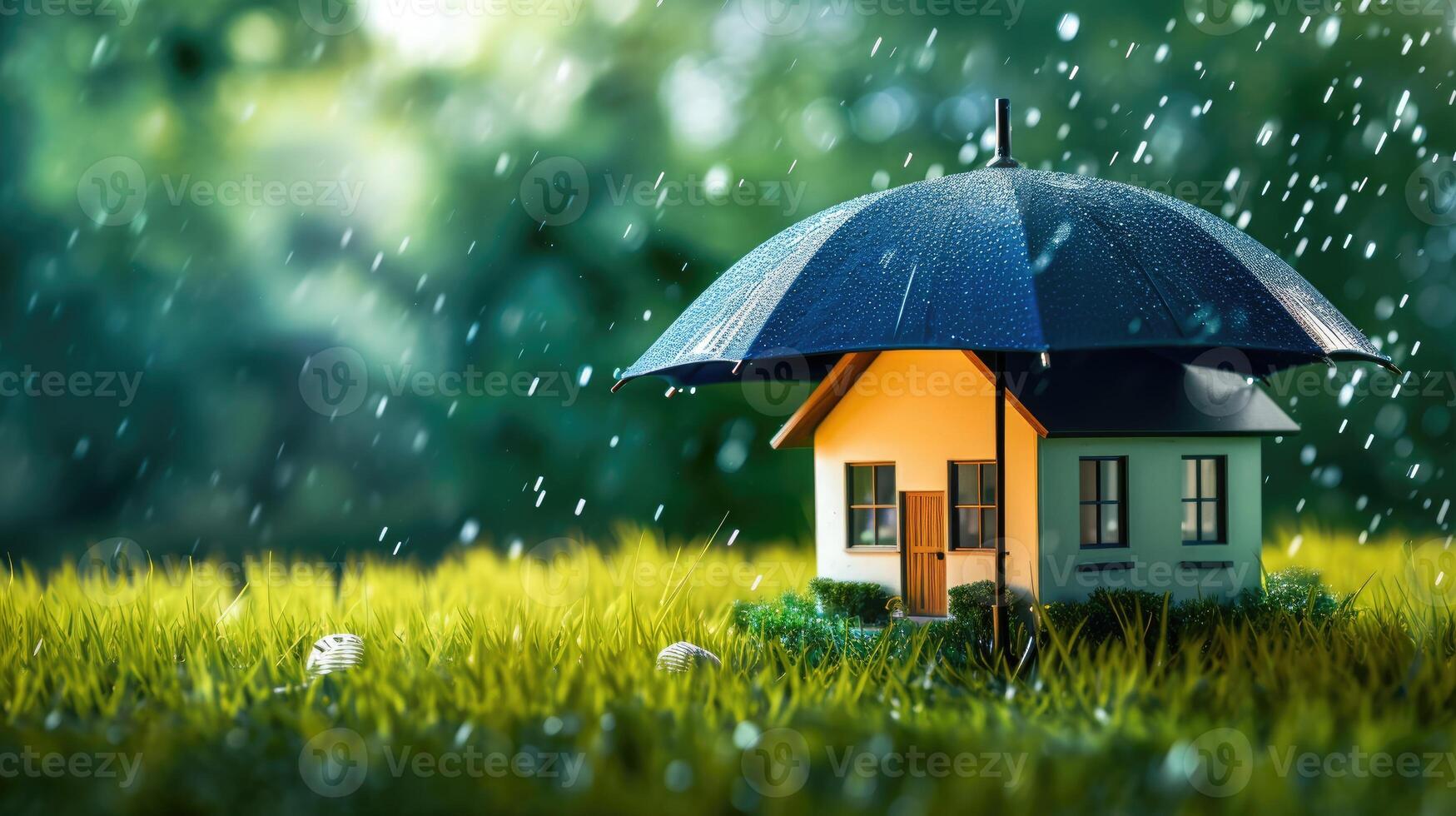 AI generated A house sheltered under an umbrella, symbolizing protection and comfort in a whimsical setting. Ai Generated. photo