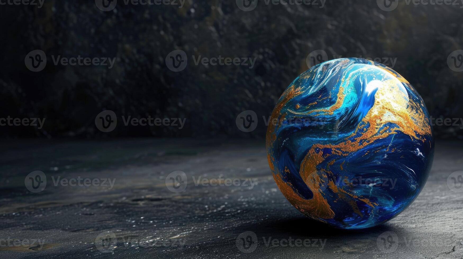 AI generated Elegant gold and blue glass globe marble showcases a shiny, flowing stone design, radiating sophistication. Ai Generated. photo