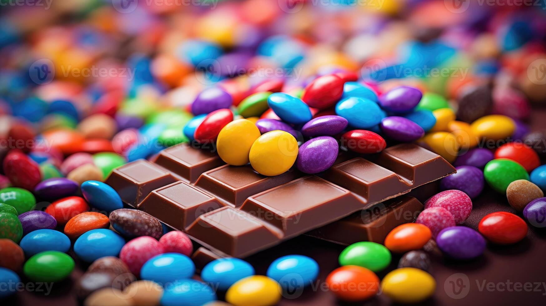 AI generated A delicious chocolate bar encircled by multicolored candy-coated chocolates on a vibrant backdrop. Ai Generated photo