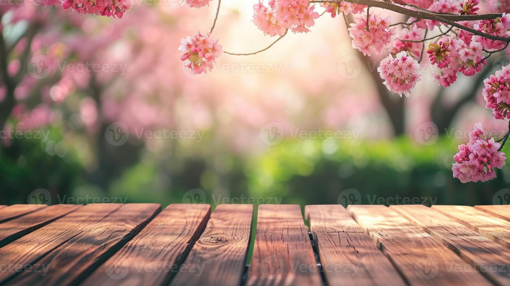 AI generated An empty wooden table, a serene canvas, with a blurred sakura tree garden, Ai Generated. photo