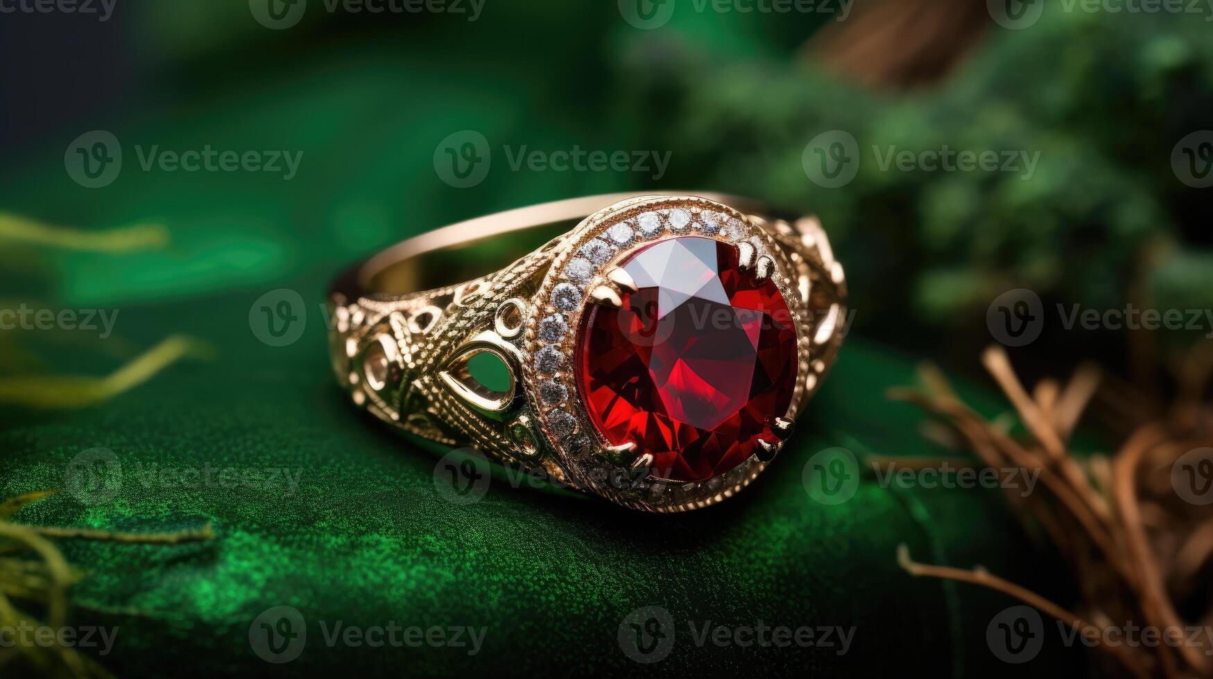 AI generated Admire the brilliance of an exquisite cut ruby gemstone shining on lush green velvet texture. Ai Generated photo