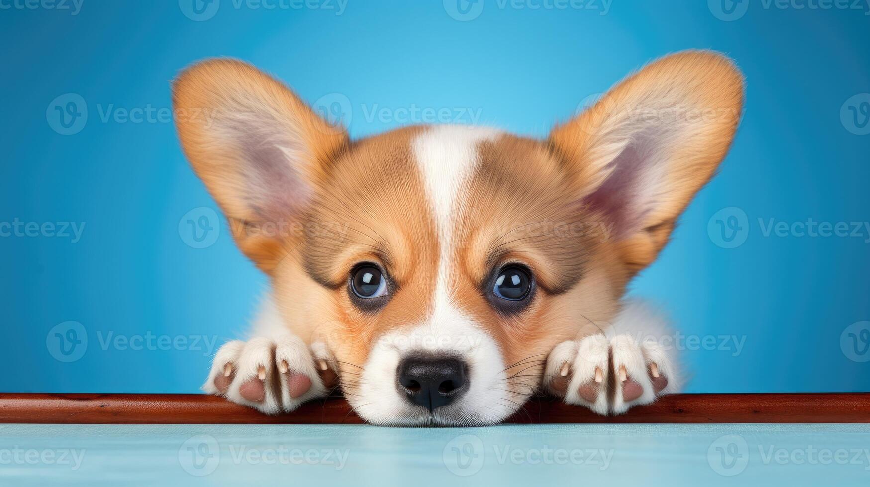 AI generated Adorable Corgi puppy with big, soulful eyes peeks over orange table against blue backdrop, Ai Generated. photo