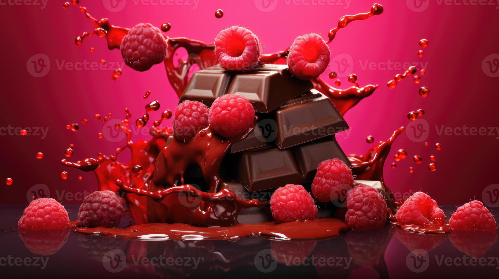 AI generated Dynamic stack of chocolate bars, raspberries, and syrup splash on a vibrant red backdrop. Ai Generated photo