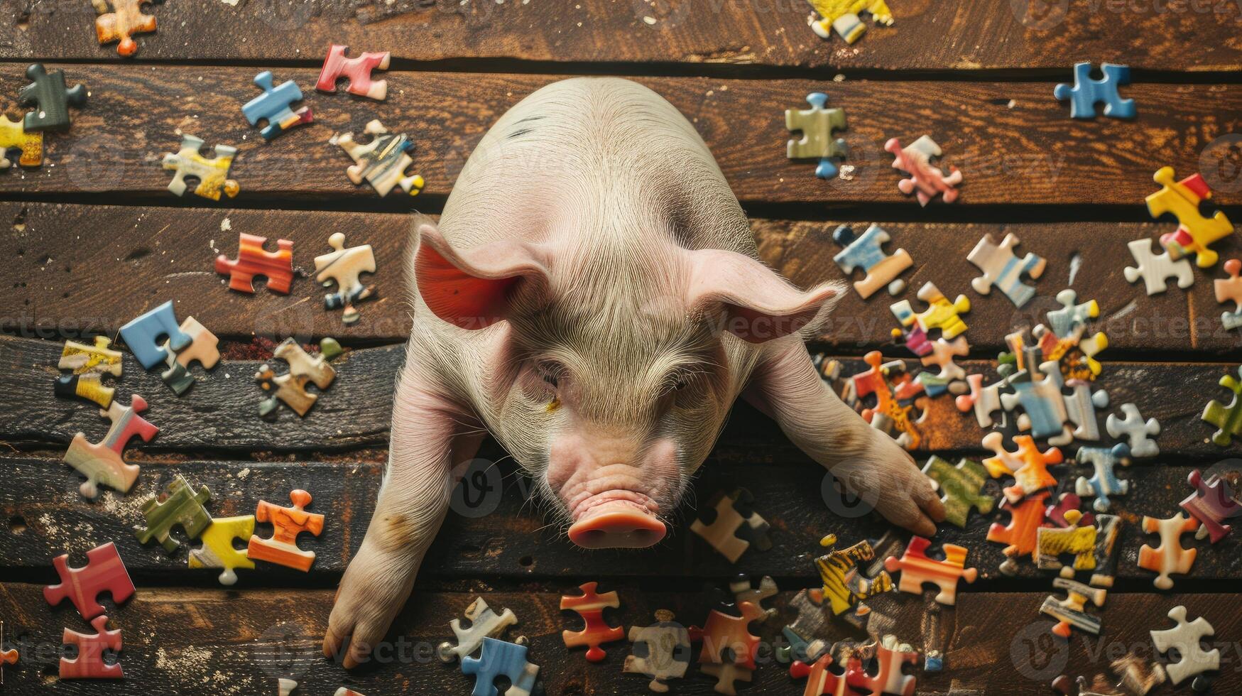 AI generated Adorable top view of a cute pig solving a jigsaw puzzle, playful and clever. Ai Generated photo