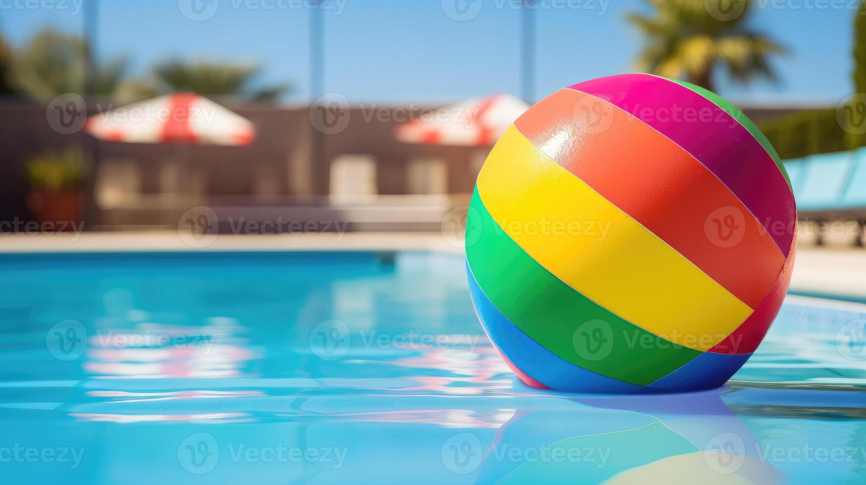 AI generated Radiate summer vibes with a bright, multicolored beach ball by the swimming pool, inviting fun and leisure. Ai Generated photo
