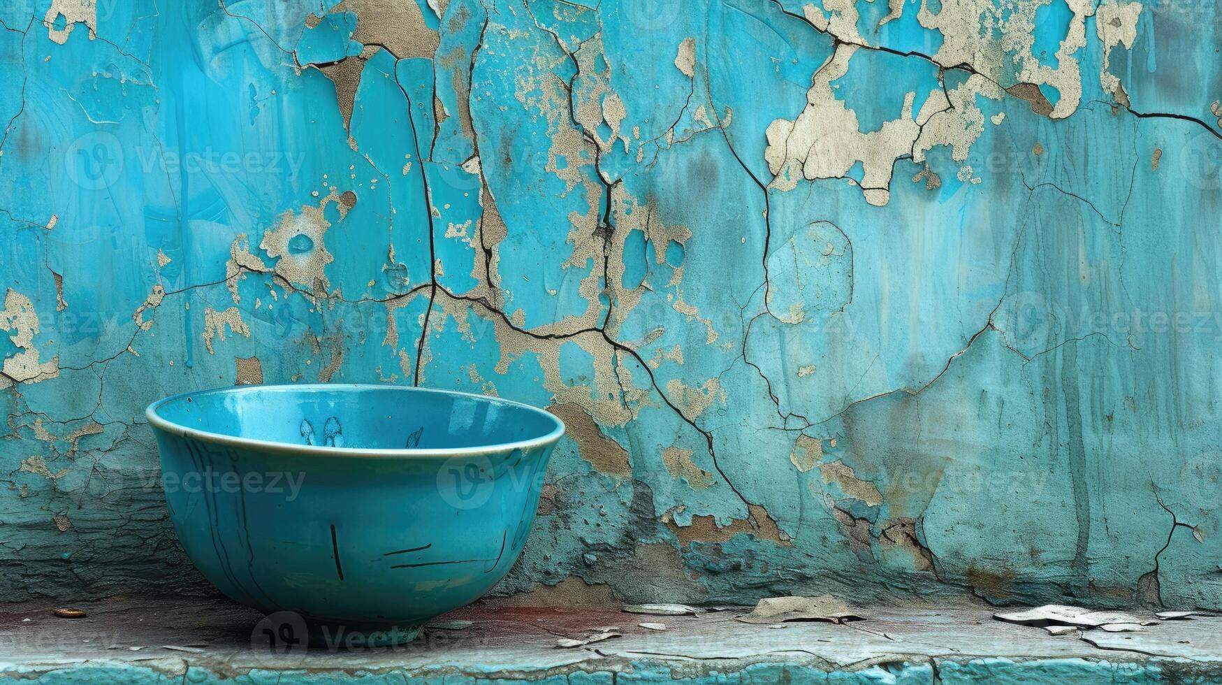 AI generated Blue bowl rests atop a cracked wall adorned with peeling paint textures. Ai Generated. photo