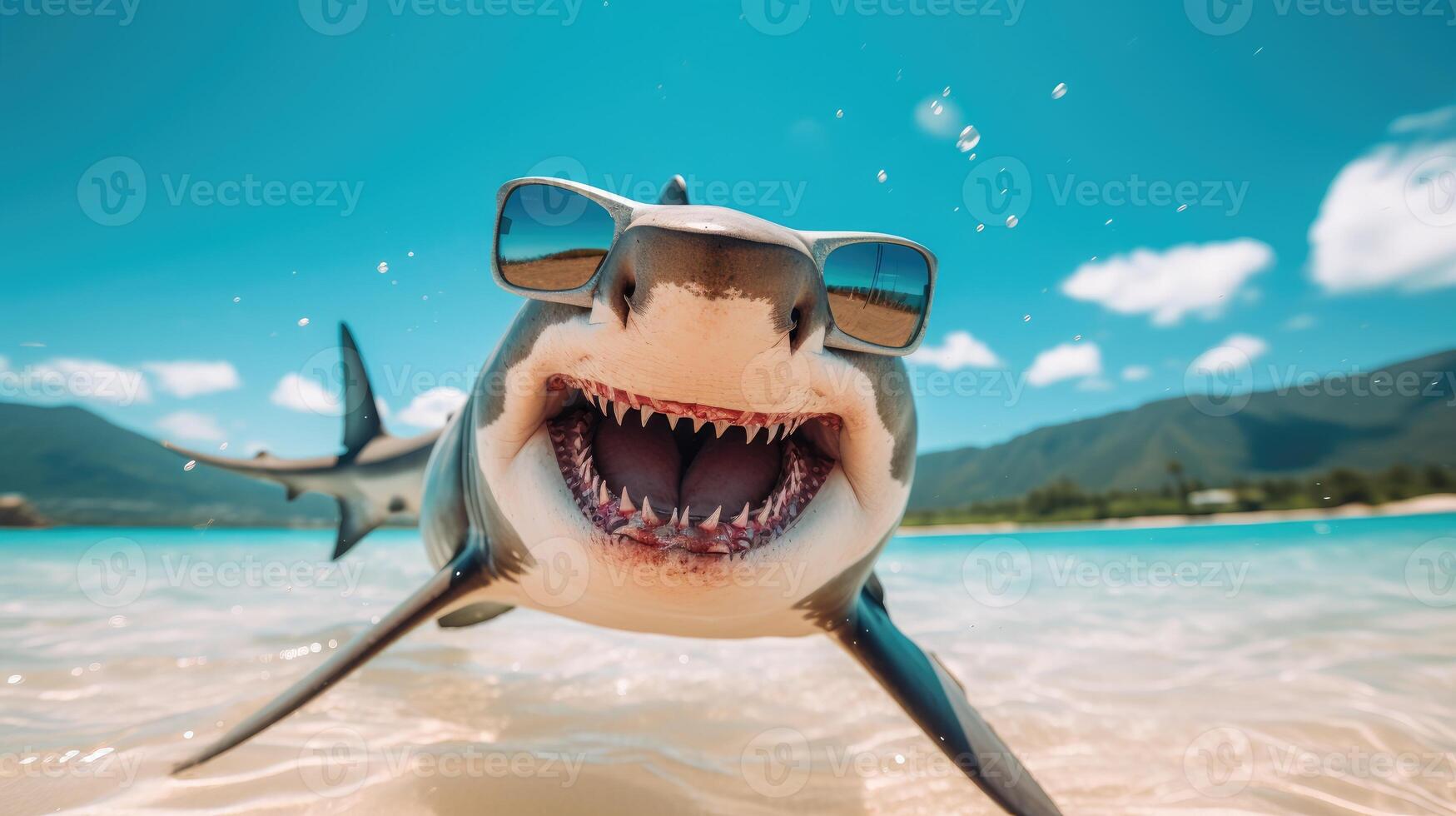 ai generado negrita tiburón hace un chapoteo cerca el playa, agregando un toque de atrevido con de gran tamaño Gafas de sol, ai generado. foto