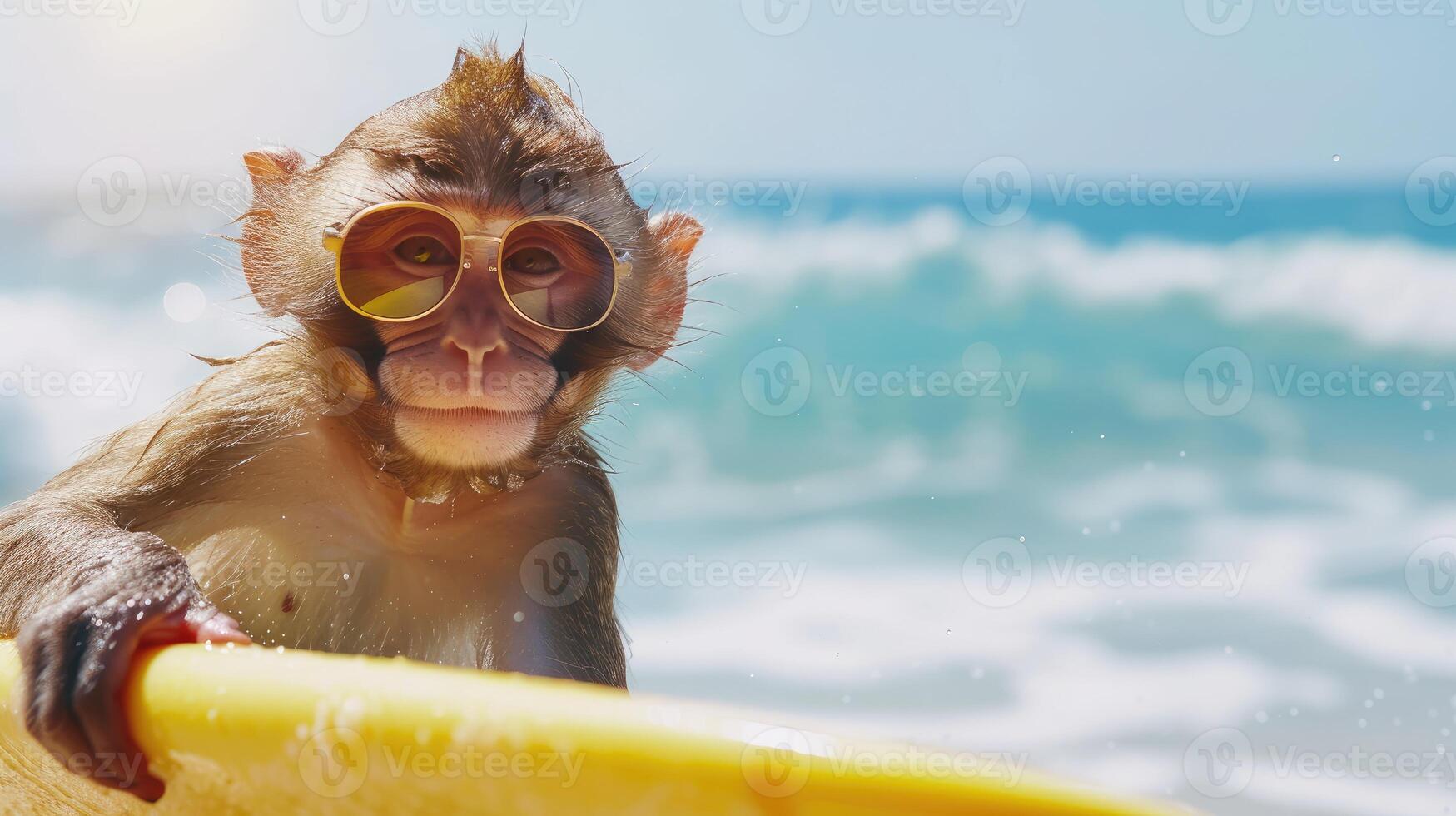 AI generated A cute monkey surfer enjoys a fun-filled summer day at the beach, riding waves with enthusiasm, Ai Generated. photo