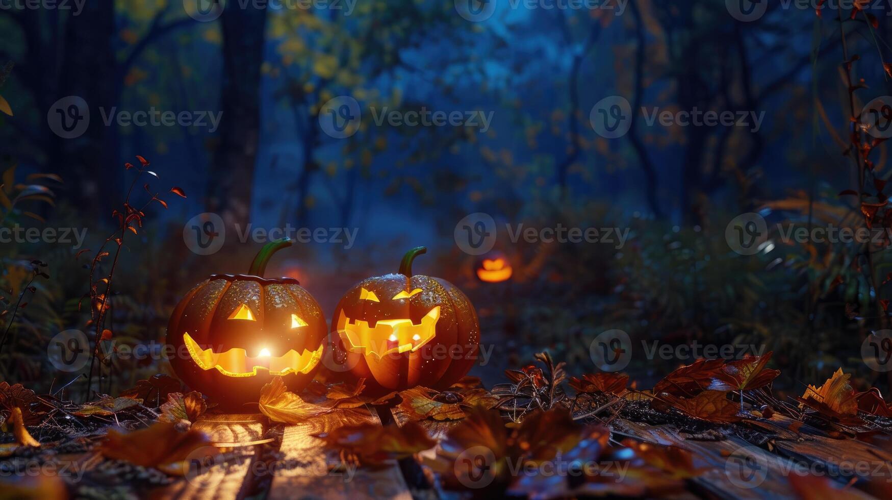 AI generated Halloween pumpkins on wood in a spooky forest, casting an eerie glow at night. Ai Generated photo