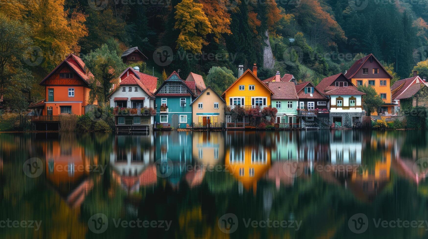 AI generated Vibrant row of homes by a lake with colorful reflections in the water. Scenic beauty, Ai Generated. photo