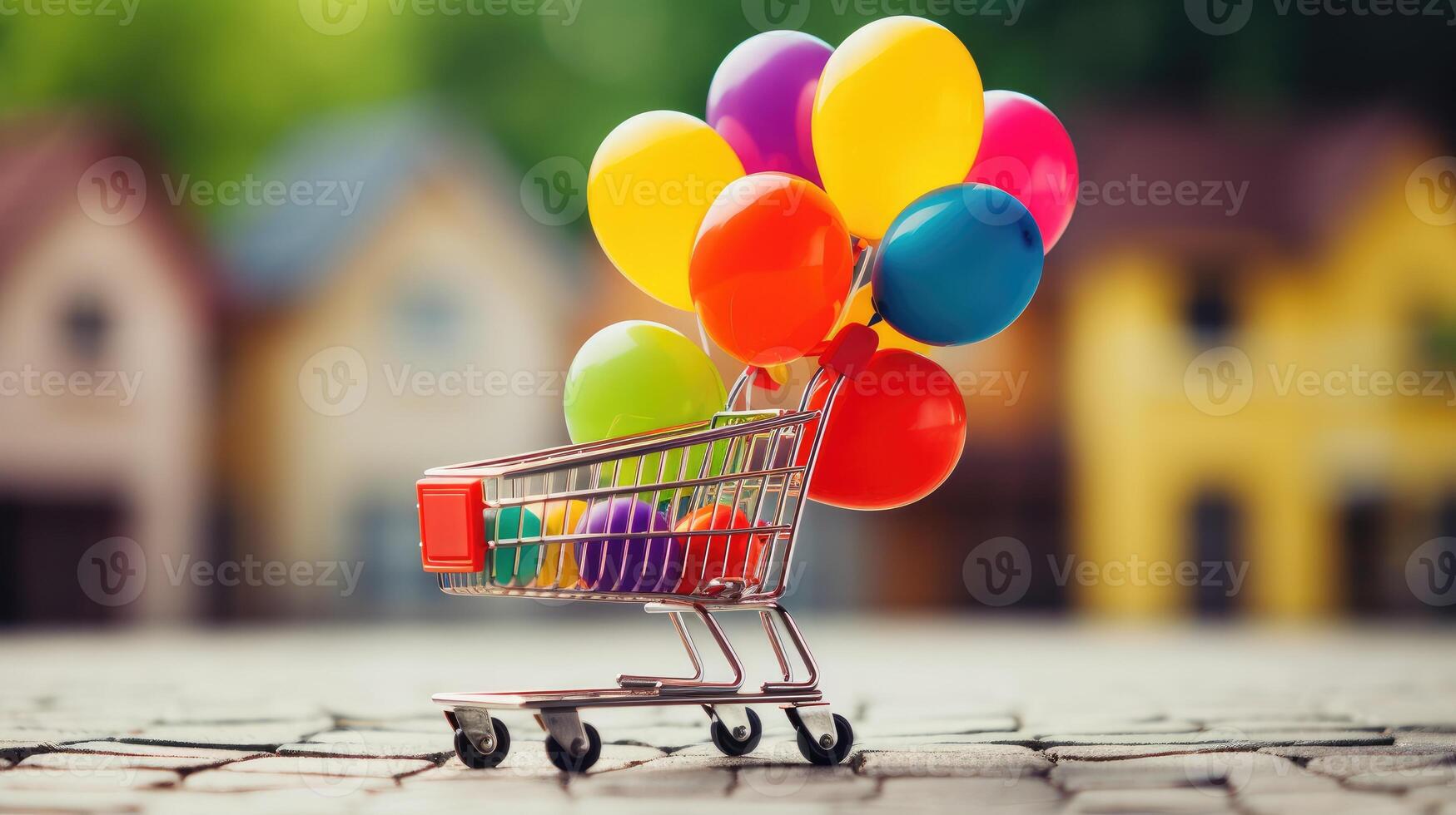 AI generated Miniature house adorned with colorful balloons rests in a shopping cart, evoking playful charm. Ai Generated. photo