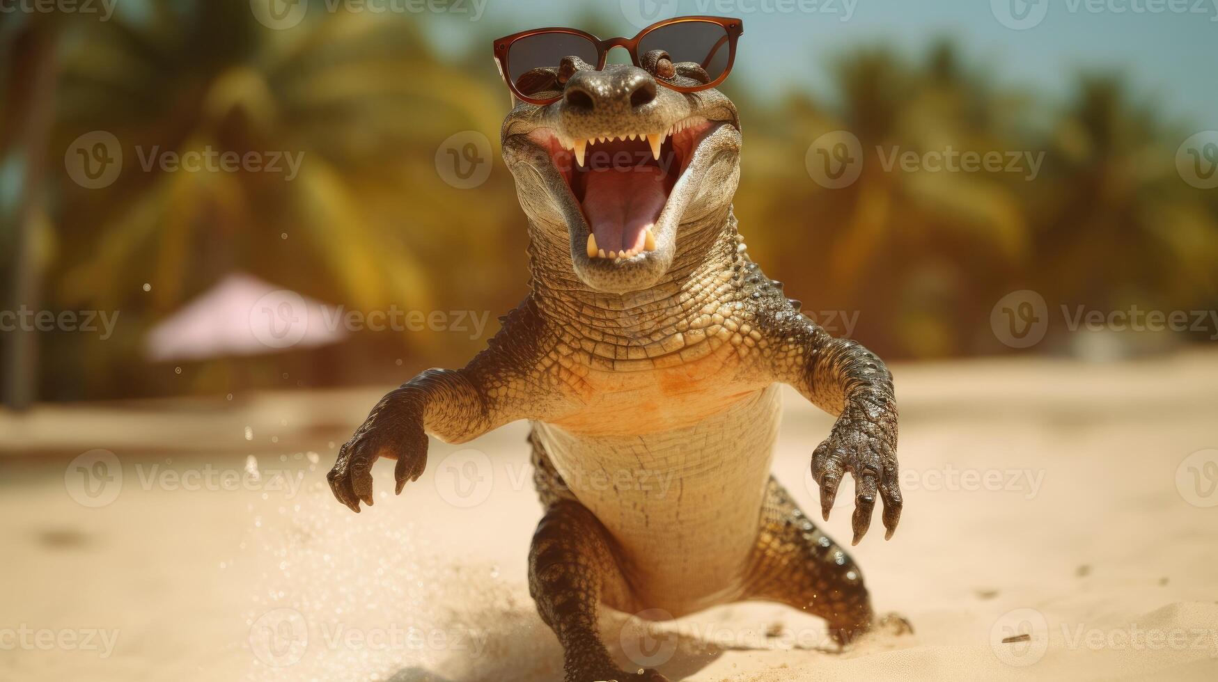 AI generated Experience the intensity of an crocodile leaping onto the beach in a stunning close-up photo, Ai Generated. photo