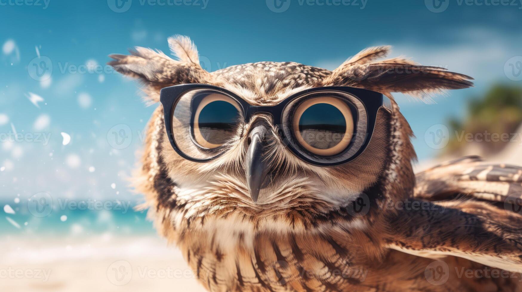 AI generated Experience the intensity of an owl leaping onto the beach in a stunning close-up photo, Ai Generated. photo