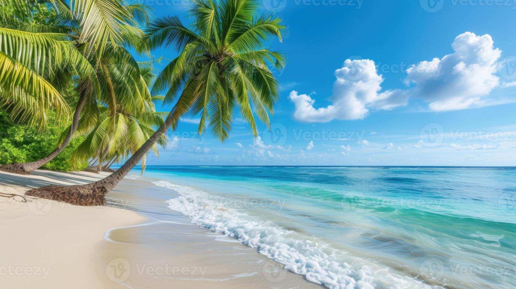 AI generated a tropical beach view beneath swaying palms. Ai Generated photo