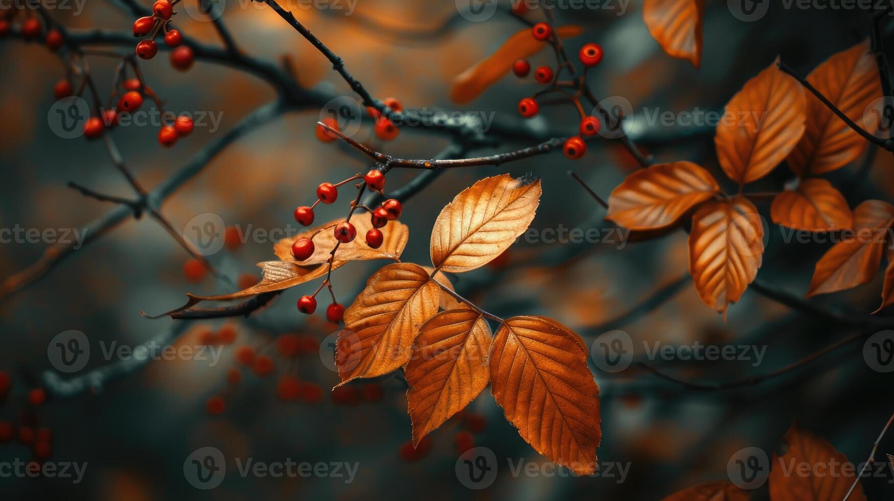 AI generated Moody autumnal scene featuring dry tree leaves adorned with red wild berries against a blurred background, Ai Generated photo