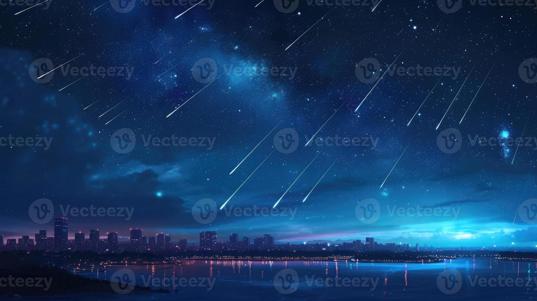 AI generated Night sky with shooting stars over a natural landscape, captivatingly beautiful. Ai Generated photo