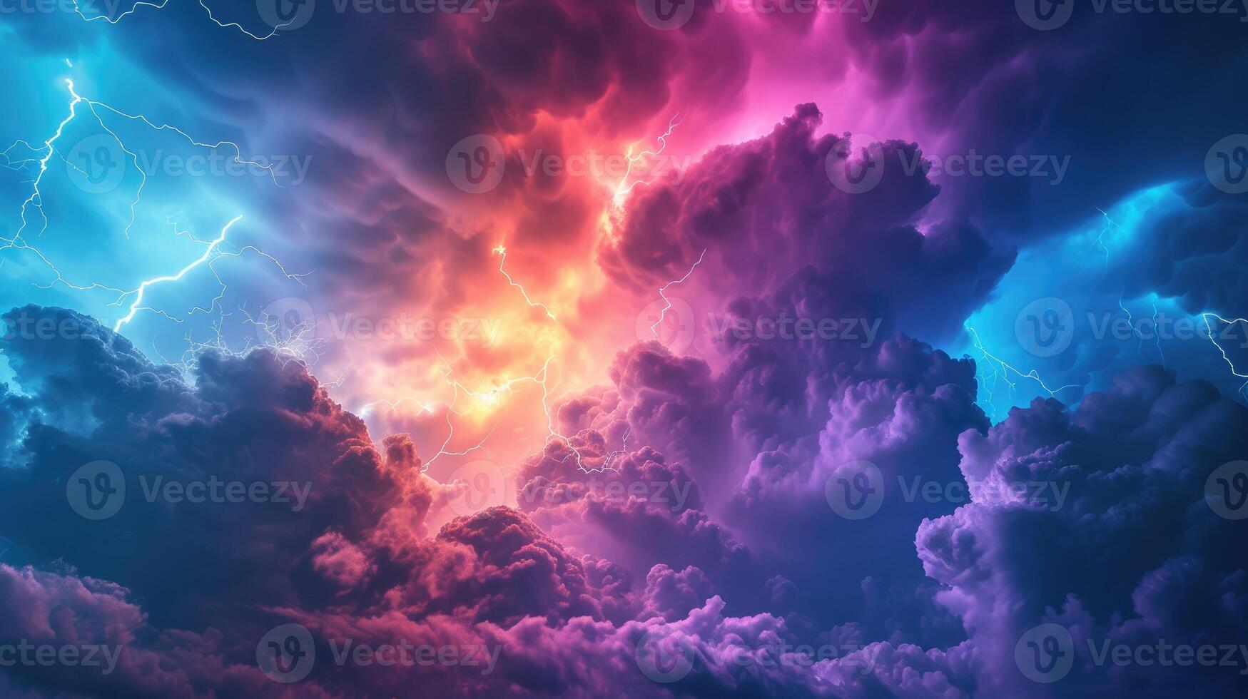 AI generated Vibrant rain clouds crackle with lightning above picturesque nature pre-storm. Colorful, Ai Generated. photo