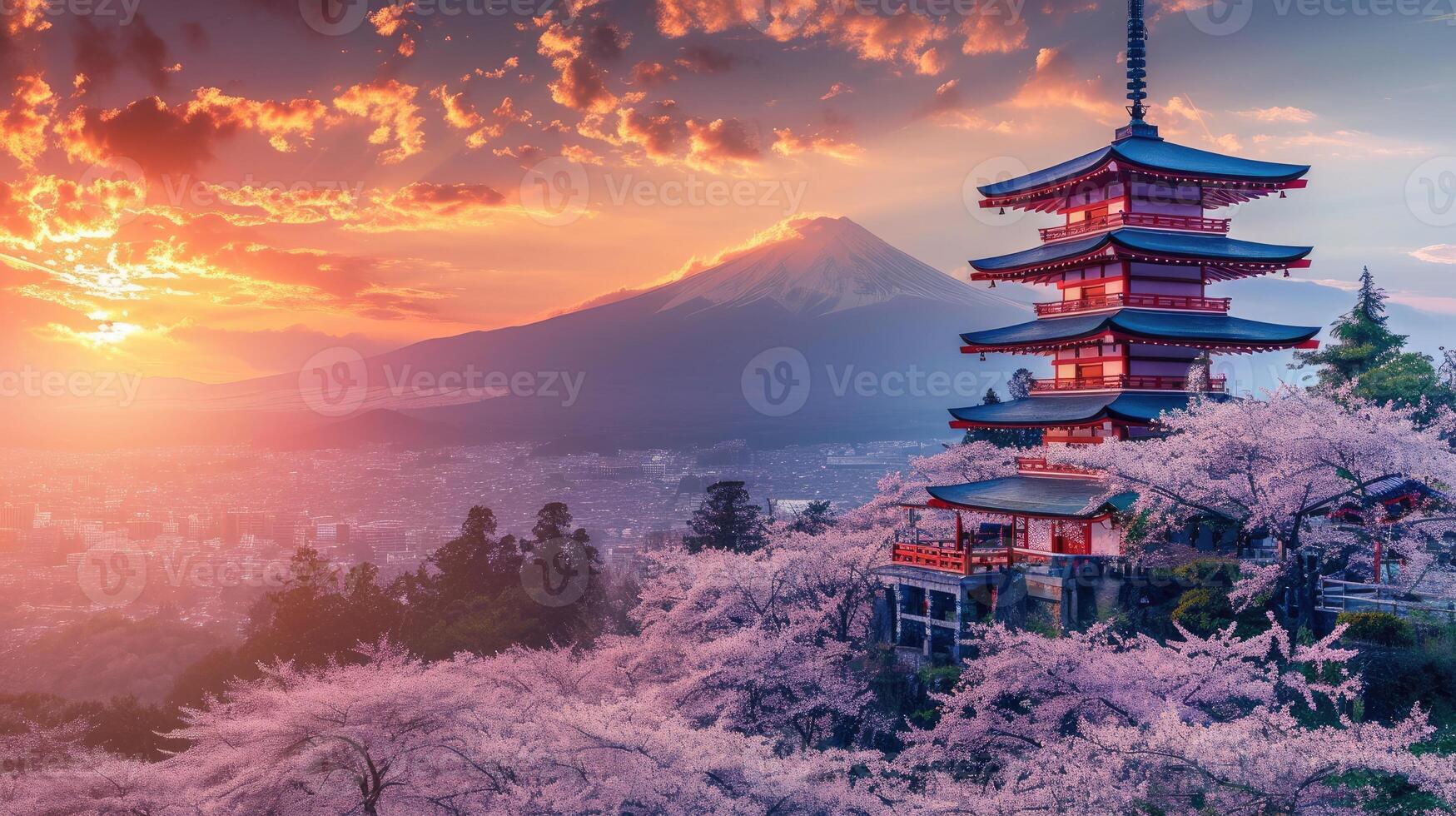 AI generated Cherry blossom trees frame a beautiful Japanese temple, creating a serene and enchanting scene, Ai Generated. photo