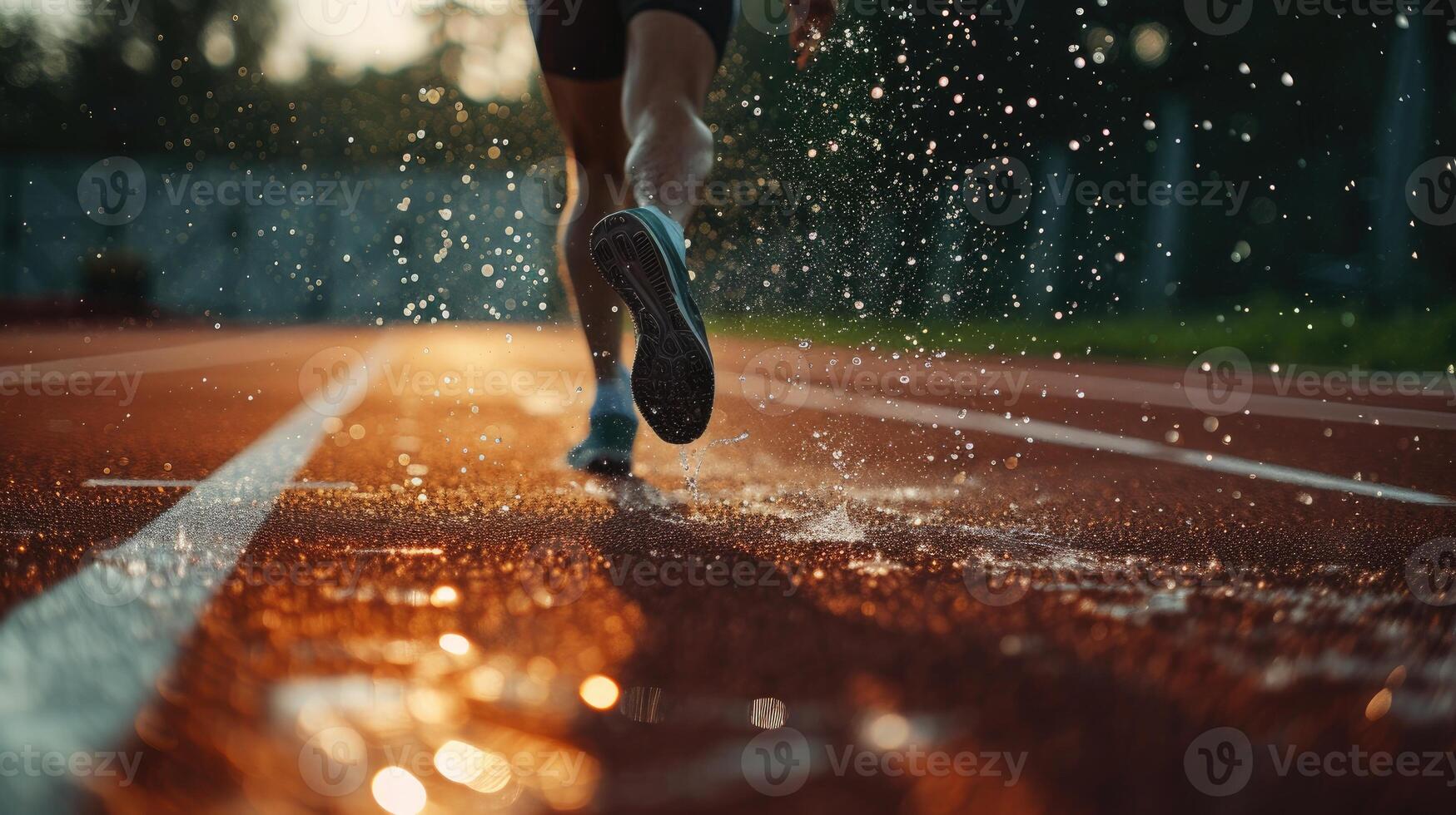 AI generated person running on a track, water drops in motion. Energetic vitality, Ai Generated. photo