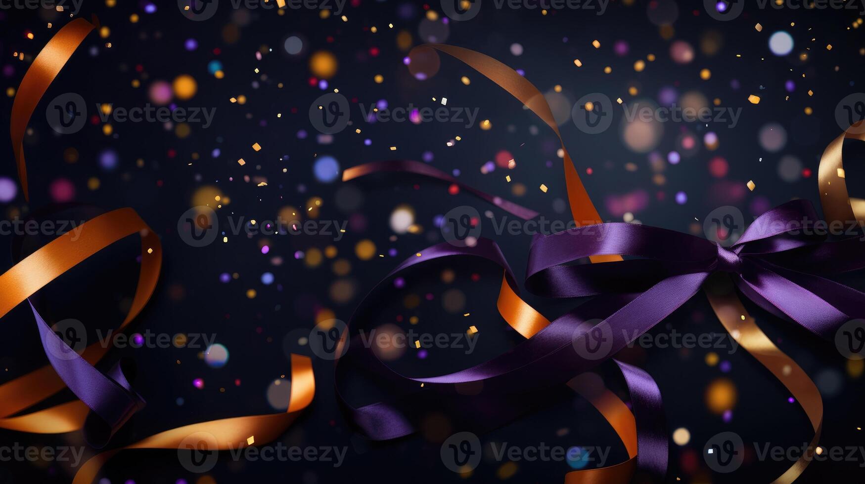 AI generated Abstract background adorned with confetti on colorful ribbons, set against a dark backdrop. Ai Generated. photo
