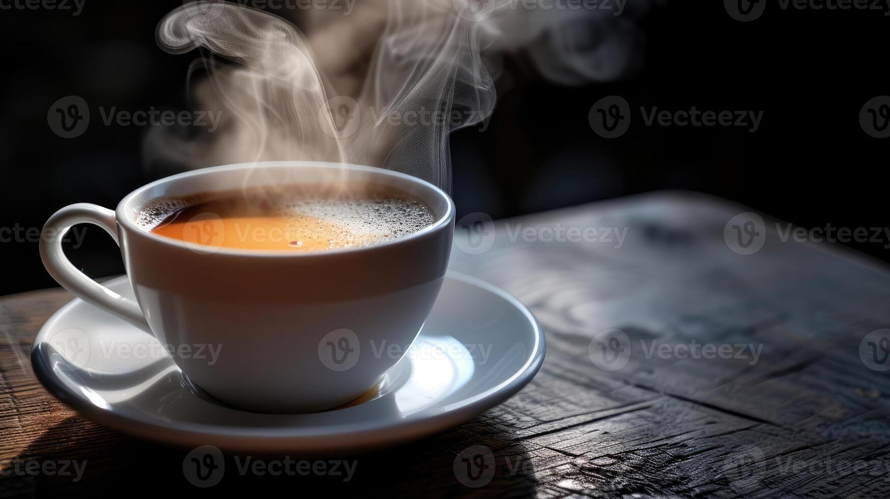 AI generated Steamy Coffee Cup on Saucer Delights with Aroma, Ai Generated photo