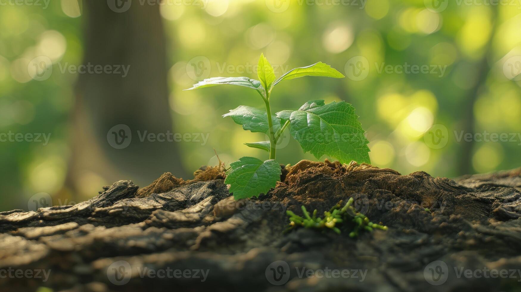 ai generado esperanza floraciones como un pequeño planta de semillero coles desde un antiguo árbol trompa, de la naturaleza resiliencia, ai generado. foto