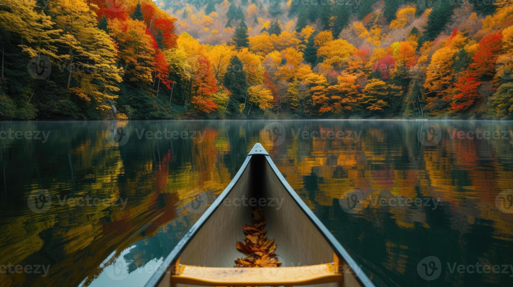 AI generated A forest lake mirrors autumn's symphony, reflecting vibrant foliage in nature's tranquil canvas, Ai Generated photo