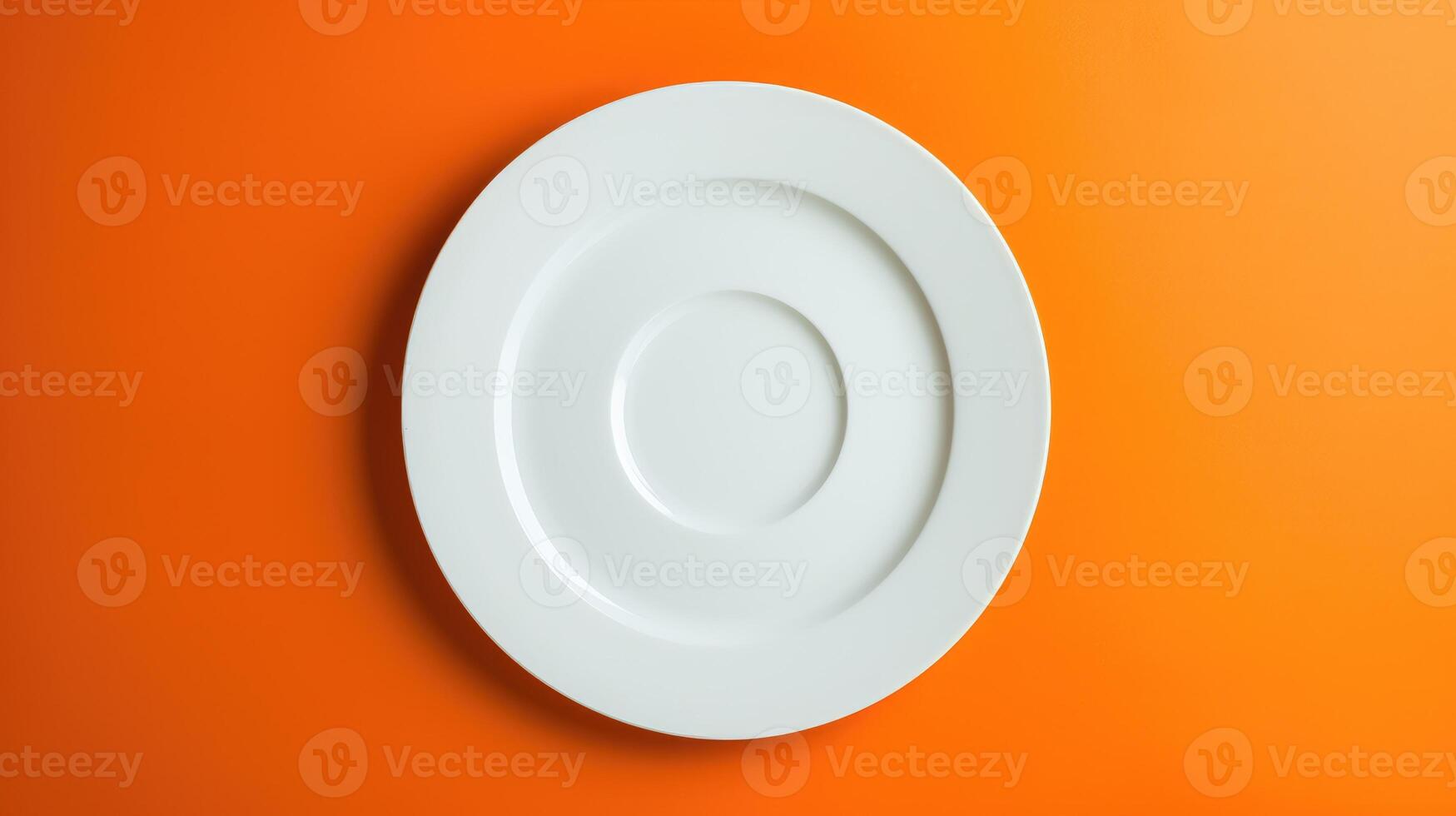 AI generated Top-down view of a white empty plate placed on a vibrant orange background, creating a striking contrast, Ai Generated. photo