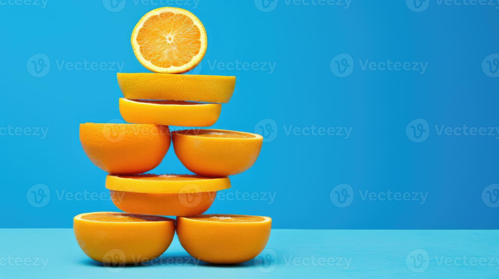 AI generated fresh orange slices on vibrant blue. A burst of citrus, Ai Generated. photo