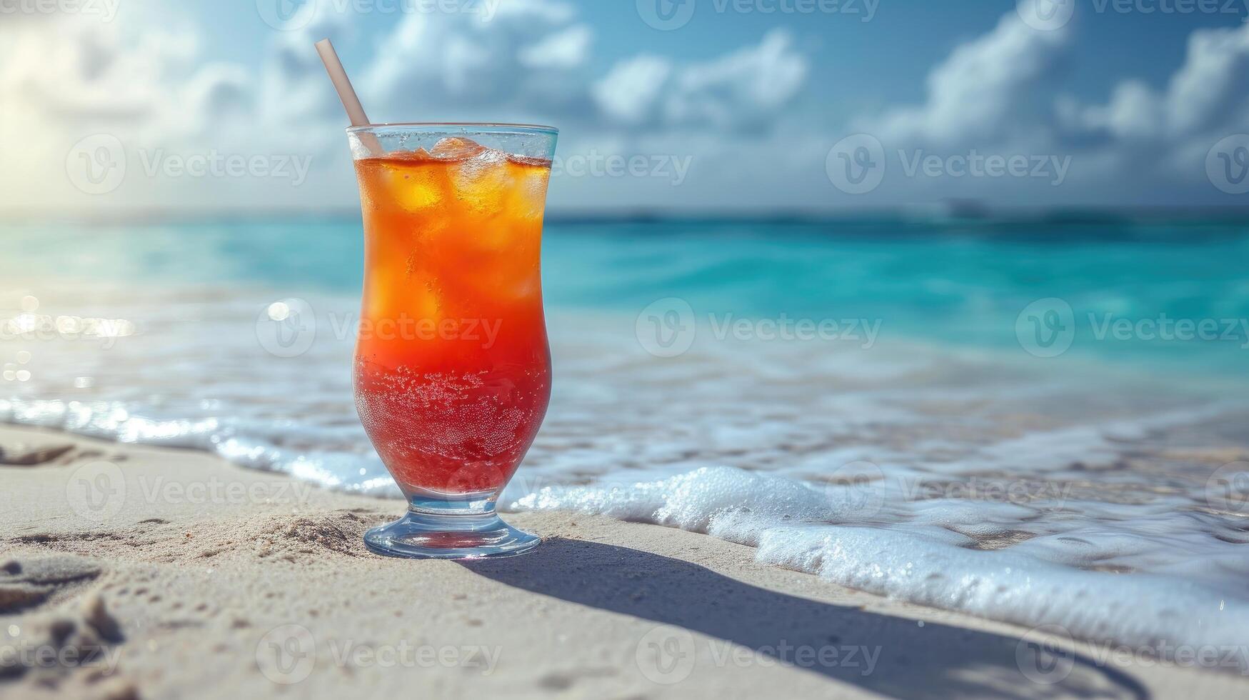 AI generated Cool summer cocktail on a sandy beach, sea view. Space for text, Ai Generated. photo