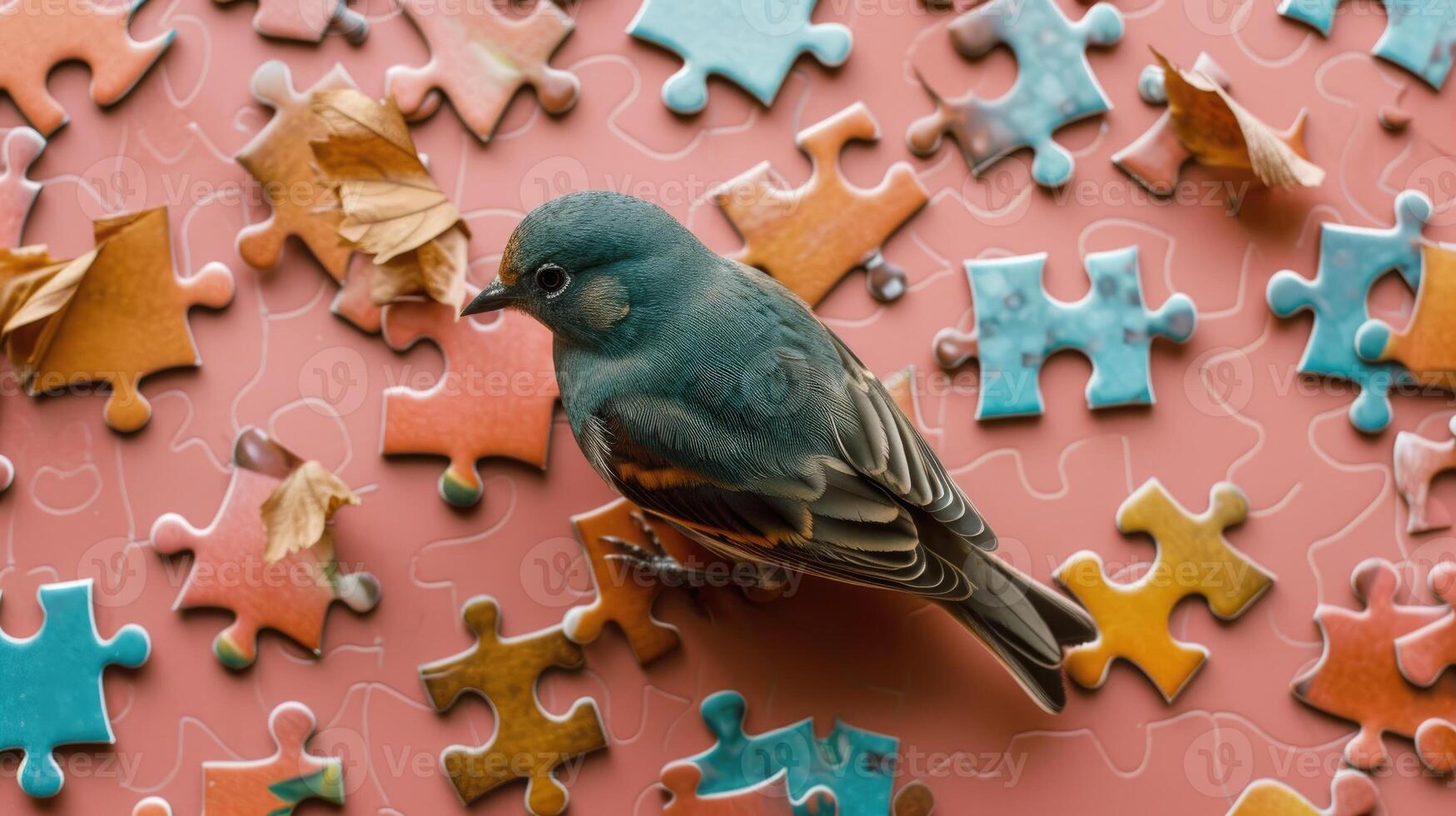 AI generated Cute bird engrossed in a jigsaw puzzle, adding a whimsical touch, Ai Generated. photo