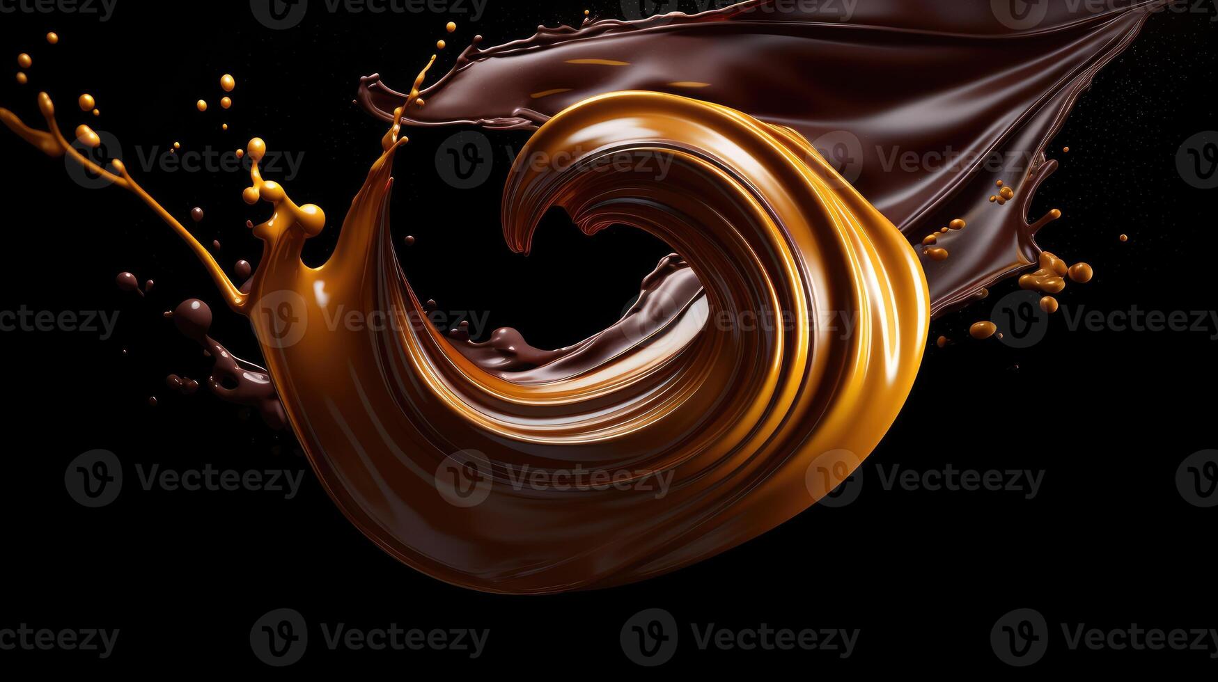 AI generated Luxurious melted chocolate swirl with dynamic splashes creates a delectable visual masterpiece. Ai Generated. photo