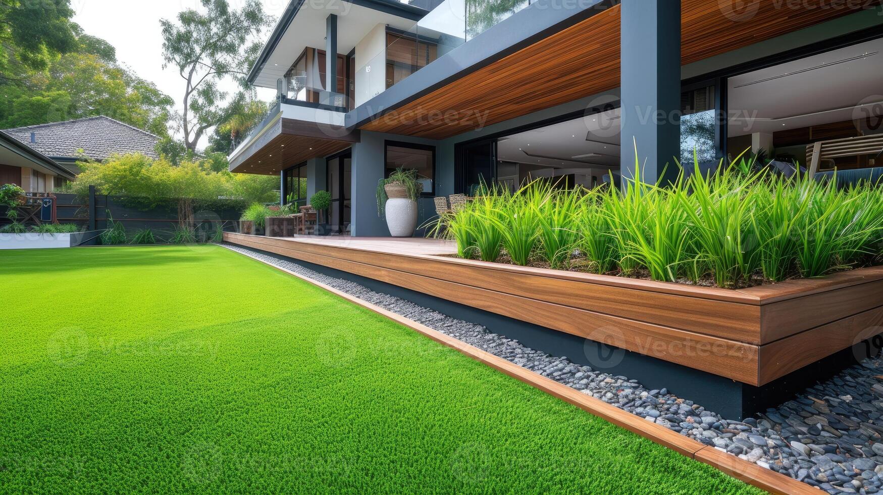 AI generated Contemporary lawn turf, wooden edging. Modern outdoor appeal, Ai Generated. photo