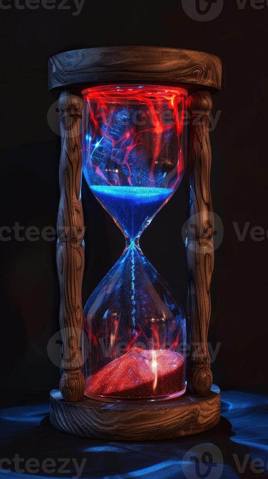AI generated Red and blue substances flow in an hourglass against a dark backdrop, adding depth and intensity to the scene. Ai Generated. photo