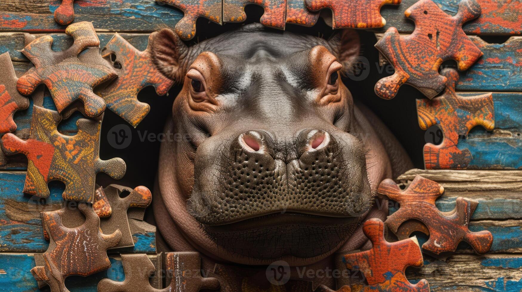 AI generated Cute hippopotamus engrossed in a jigsaw puzzle, adding a whimsical touch, Ai Generated. photo