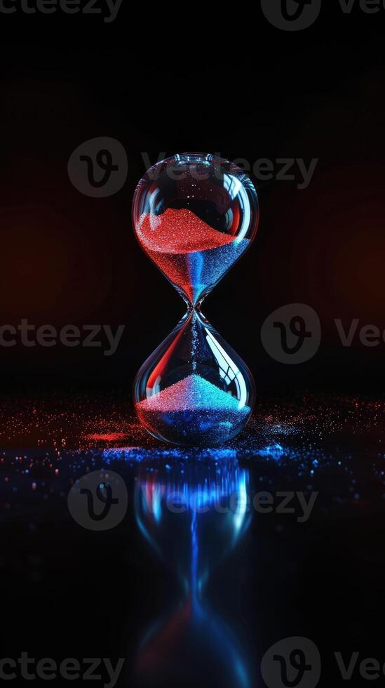 AI generated Red and blue substances flow in an hourglass against a dark backdrop, adding depth and intensity to the scene. Ai Generated. photo