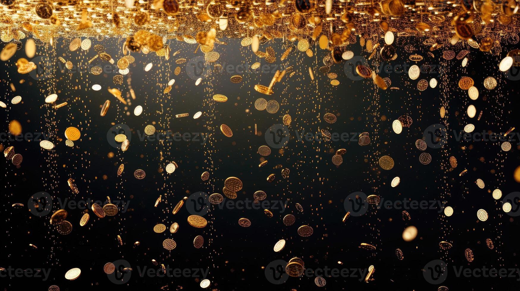 AI generated Experience a cascade of gold coins showering against a dramatic black backdrop. Ai Generated. photo