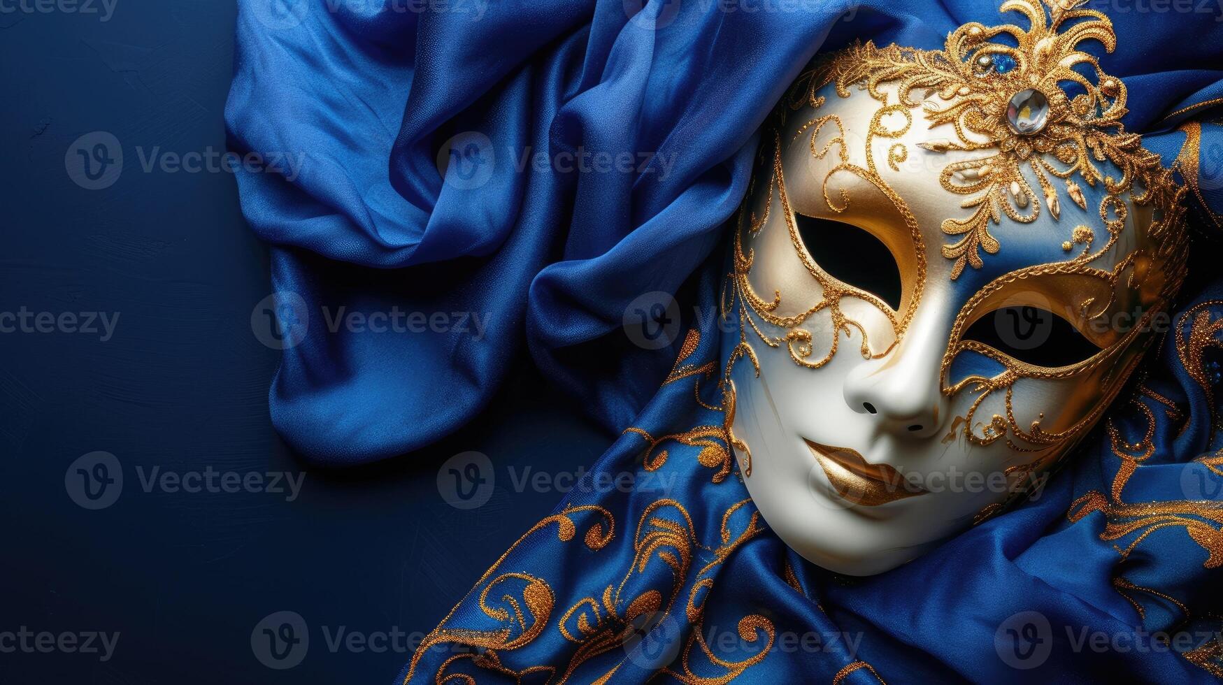 ai generado florido veneciano carnaval máscara adornado con oro decoraciones en contra un profundo azul antecedentes. ai generado. foto