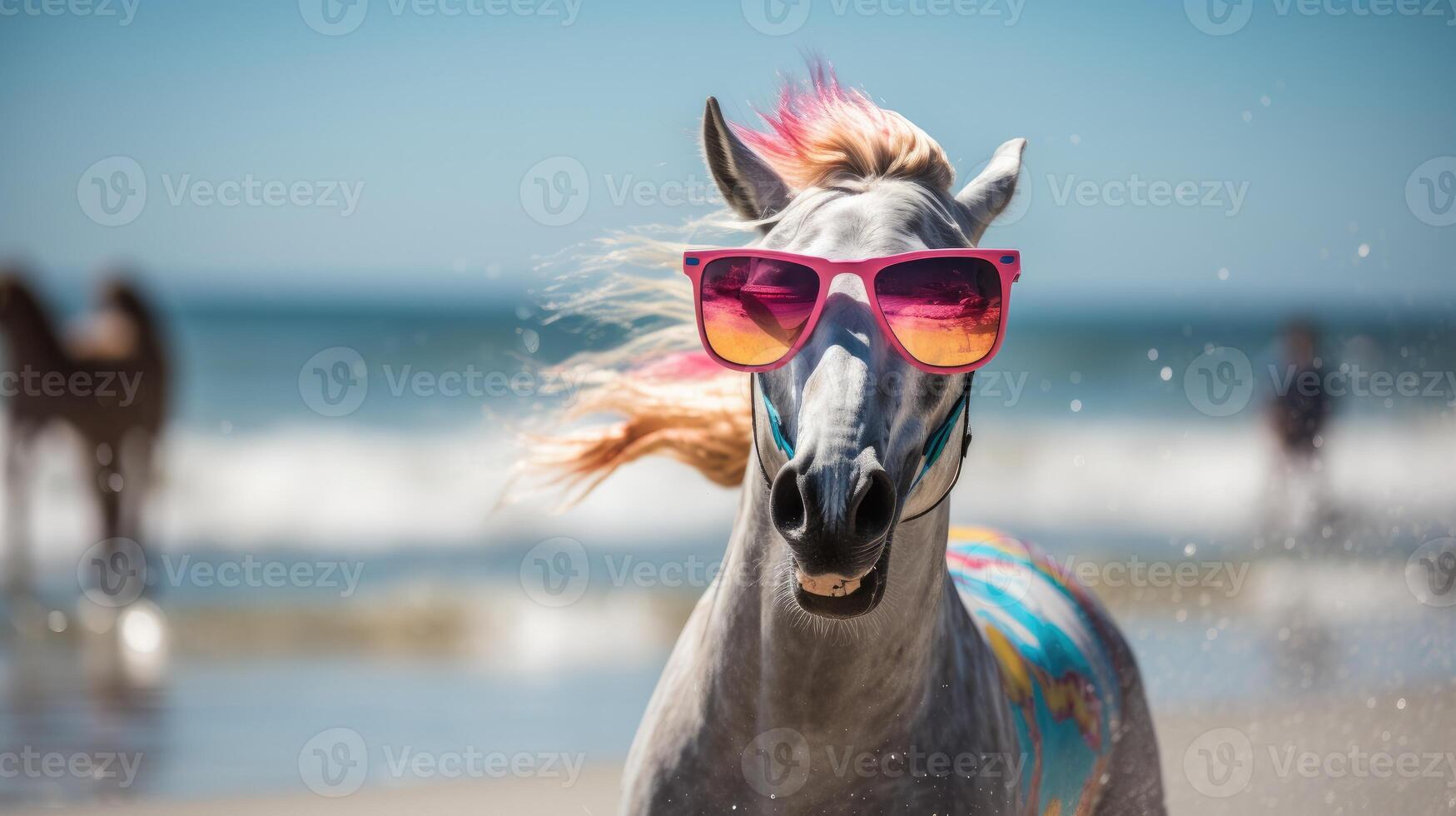 ai generado experiencia el intensidad de un unicornio saltando sobre el playa en un maravilloso de cerca foto, ai generado. foto