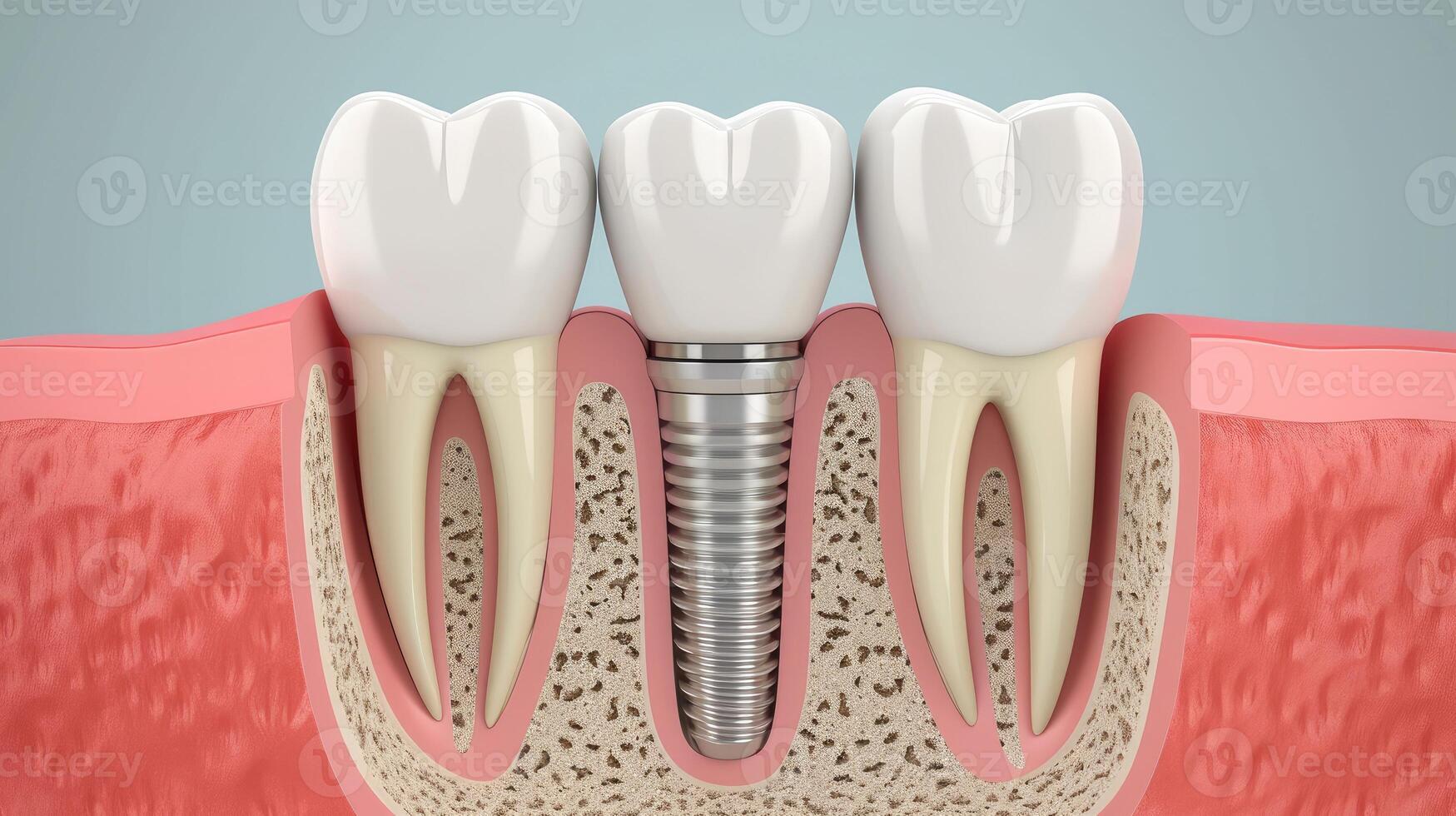 AI generated Explore the intricacies of dental implantology with a cross-section of the jaw showcasing an embedded implant in the gum. Ai Generated photo