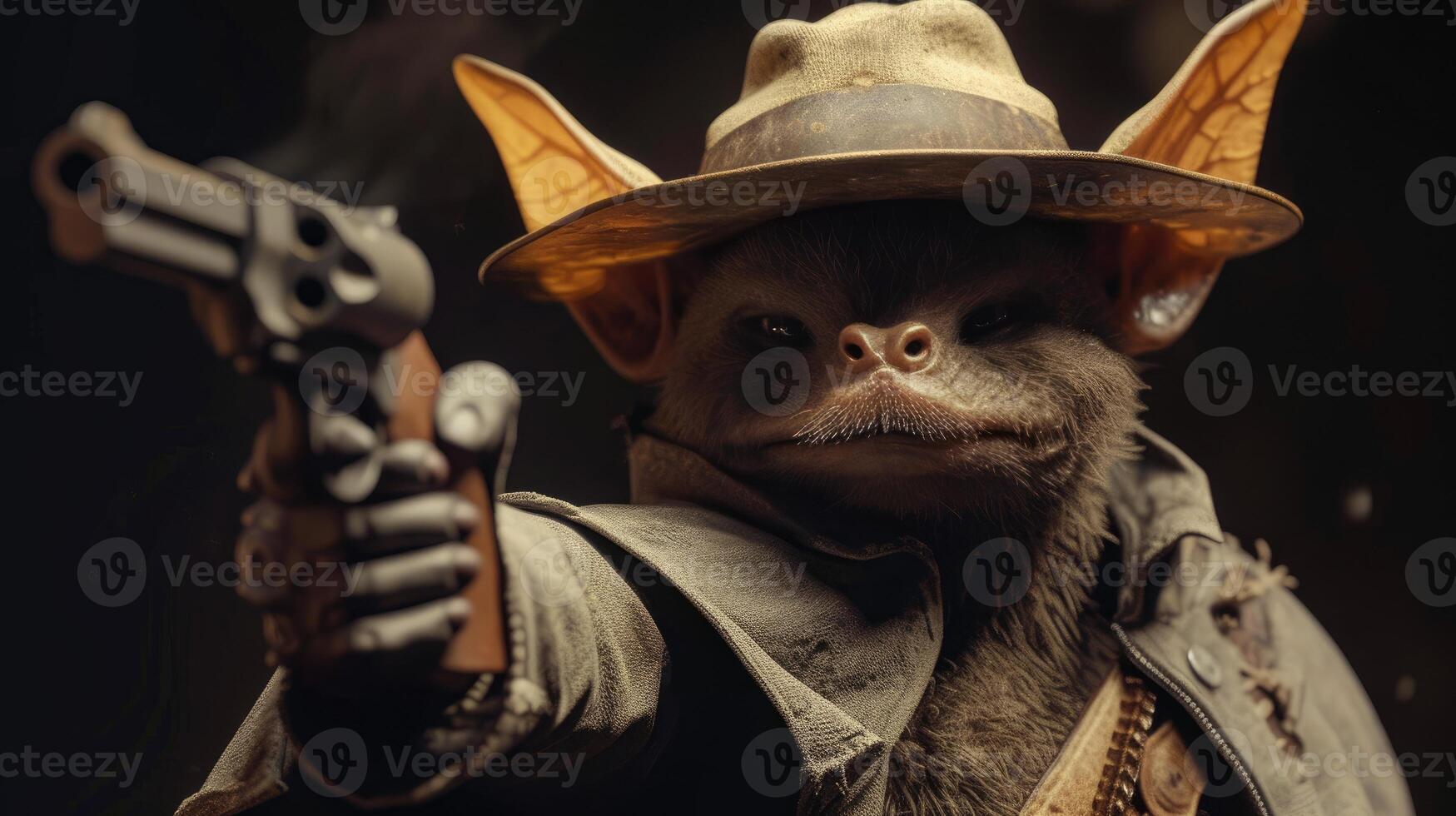AI generated a bat in a hat wields unexpected firepower. Ai Generated. photo