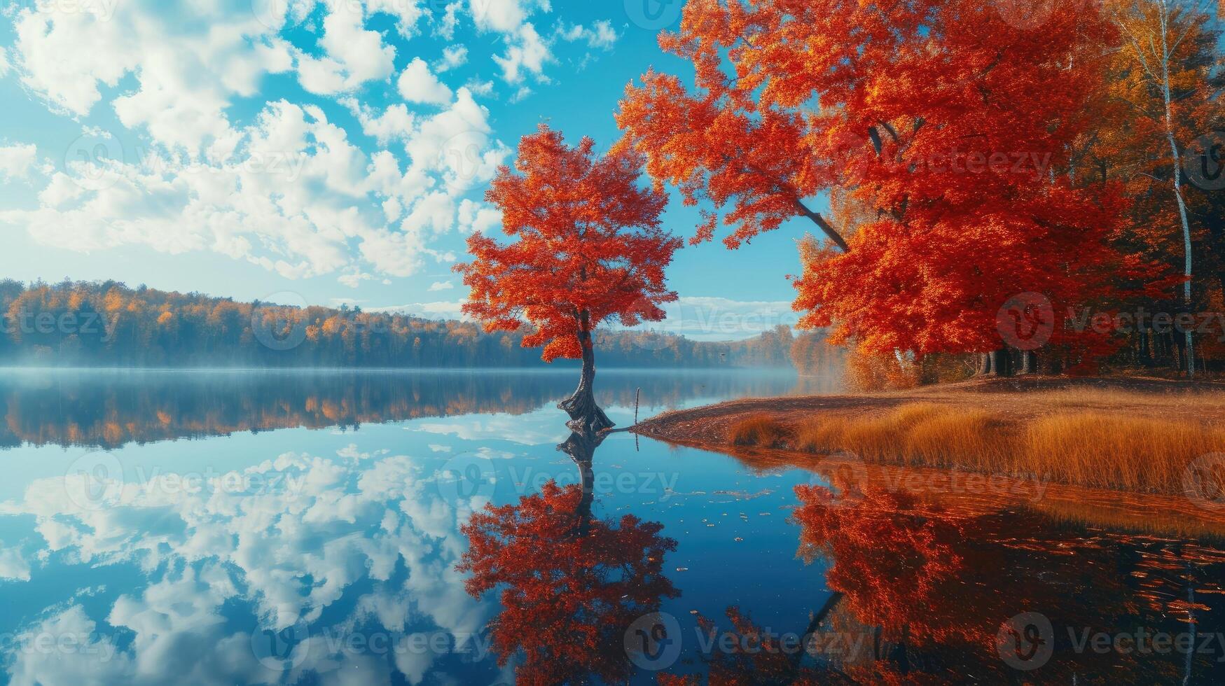 AI generated Tranquil lake mirrors the vibrant hues of autumn trees on a serene day, Ai Generated. photo