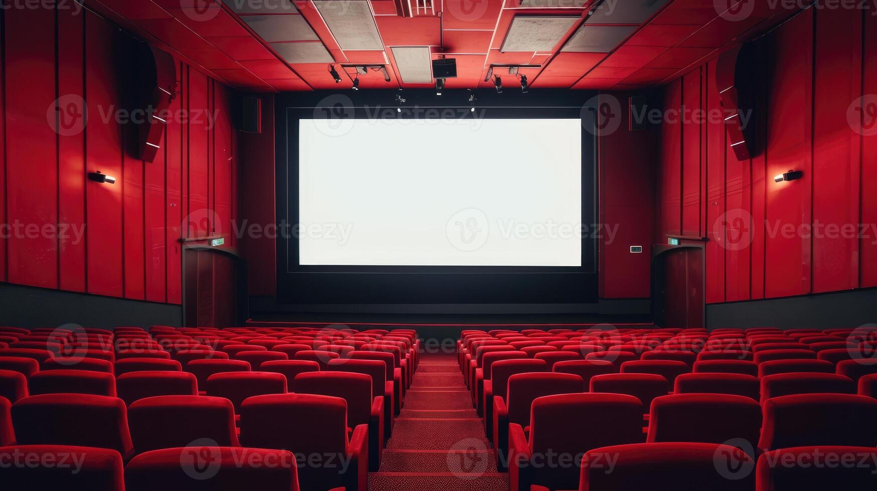 AI generated The empty cinema hall features a striking red color scheme and a white blank screen, Ai Generated. photo