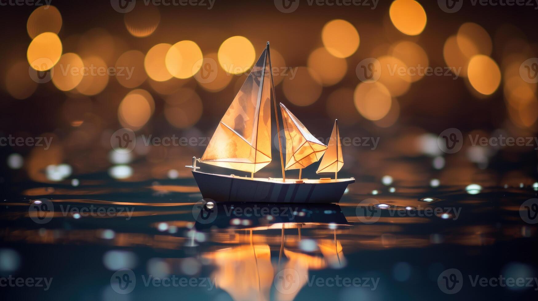 ai generado papel origami velero flotadores en agua, rodeado por encantador bokeh luces, ai generado. foto