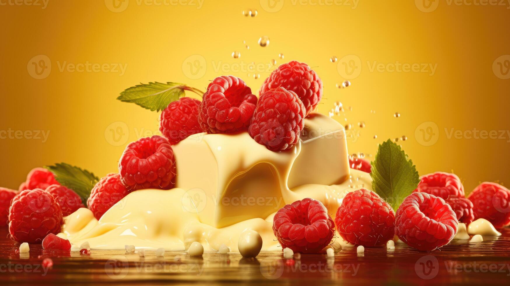 AI generated Luscious red raspberries and white chocolate amid flying droplets on a warm yellow backdrop. Ai Generated photo