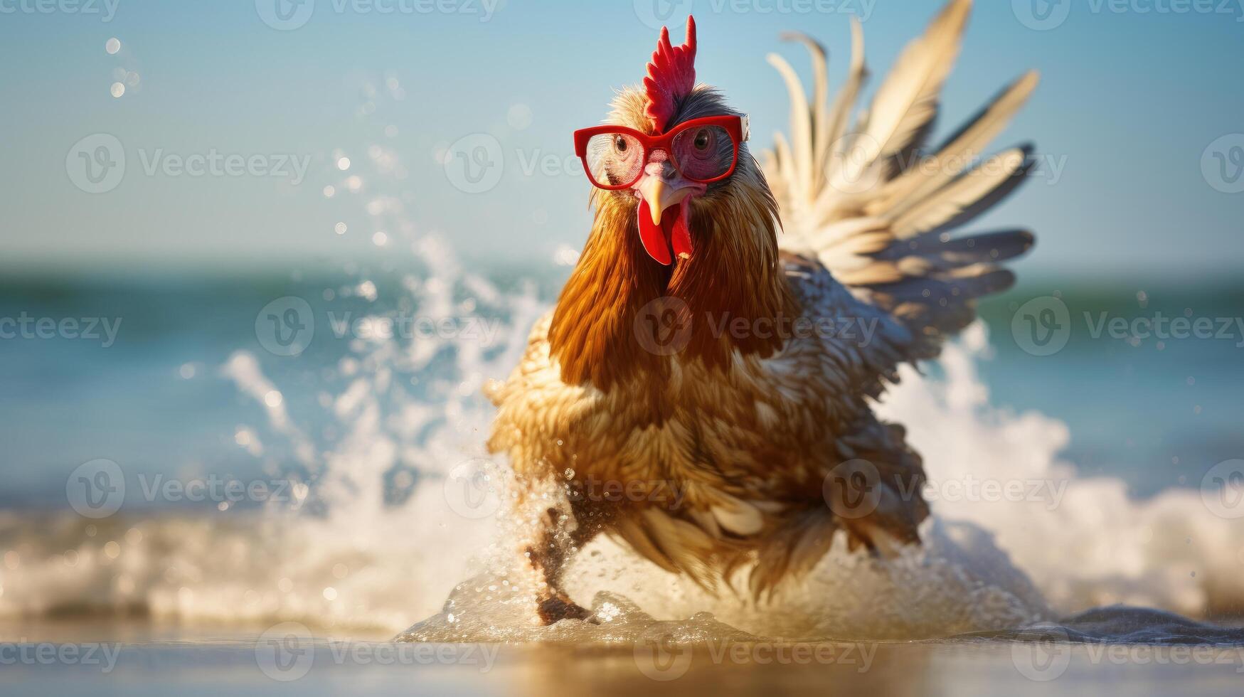 ai generado enérgico gallo saltos sobre el playa, haciendo alarde de moda Gafas de sol, un plumado pionero de la tendencia por el costa, ai generado. foto