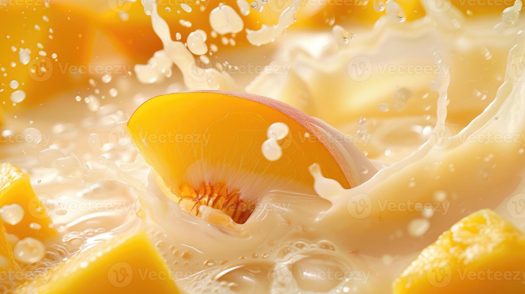 AI generated Peach and mango blend into milk, yogurt, sour cream, creating a refreshing splash, Ai Generated. photo