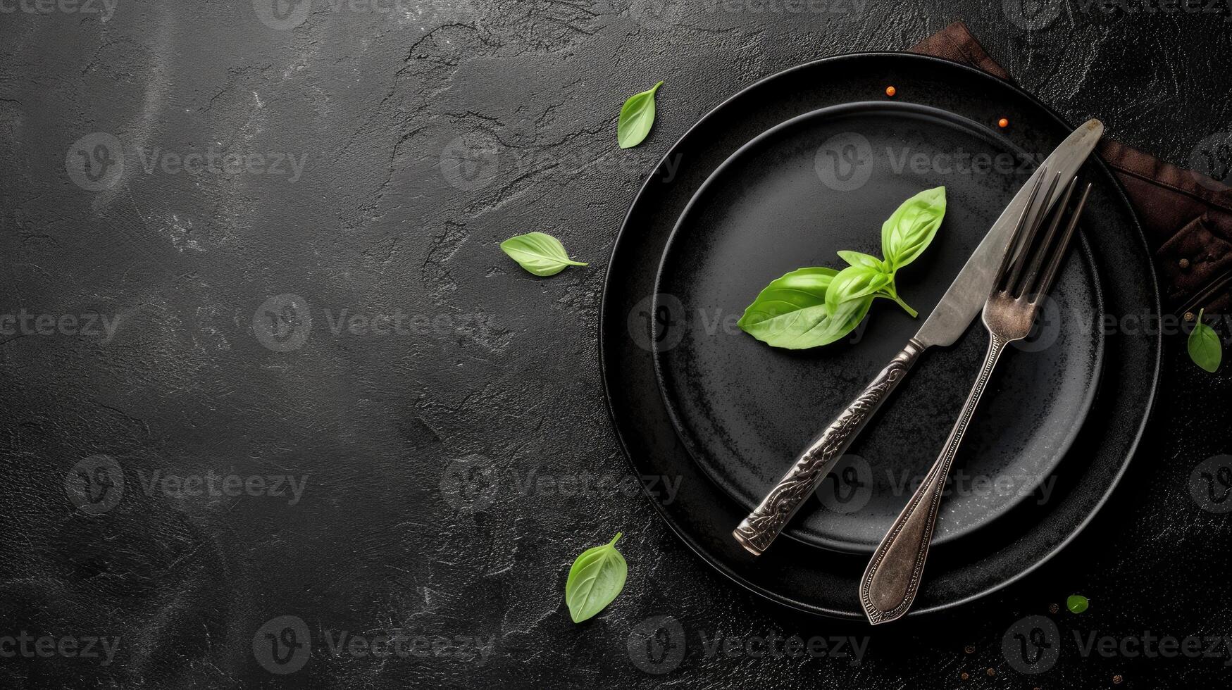 AI generated An elegant plate with knife and fork arranged tastefully on a sophisticated dark background, Ai Generated. photo